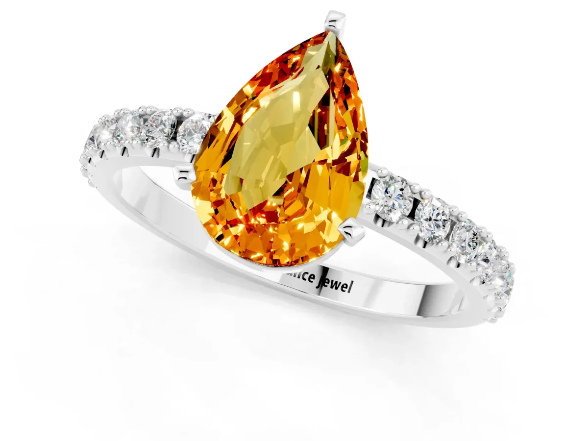 Pear Cut Citrine Solitaire Pavé Band with Four-Prong Setting White gold