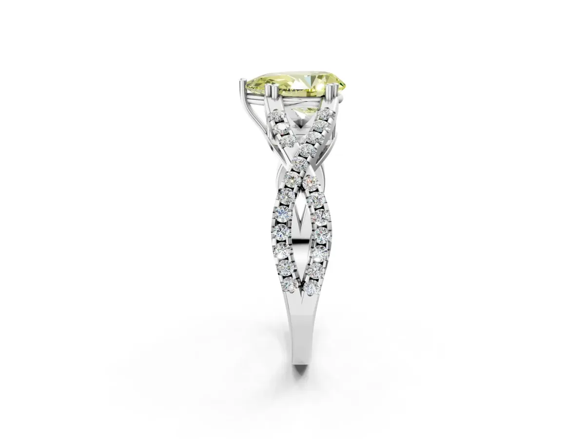 Fancy Yellow Pear Cut Diamond Solitaire Ring with Four-Prong Setting and Twisted Pavé Band Platinum