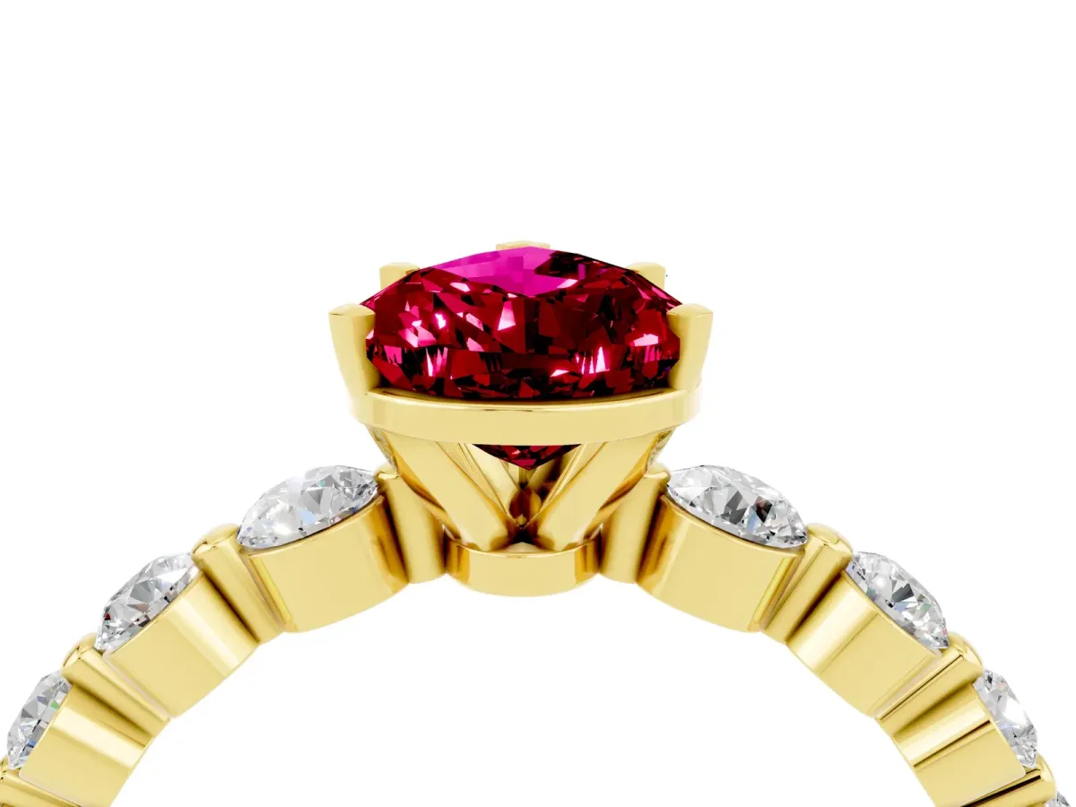 Pear Cut Solitaire Garnet Ring with Pave Band and Four-Prong Setting Yellow gold
