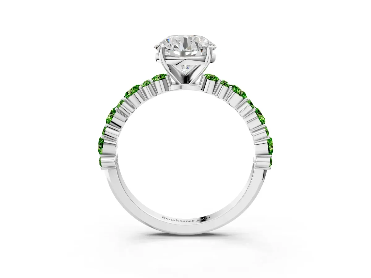 Round Cut Diamond Side Stone Solitaire Ring with Round Tanzanite and Four-Prong Setting Silver