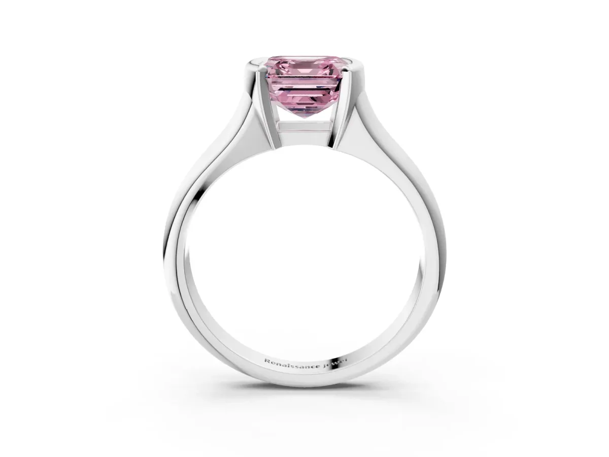 Fancy Pink Asscher Cut Solitaire Tension Set Diamond Ring with Split Shank Band Platinum