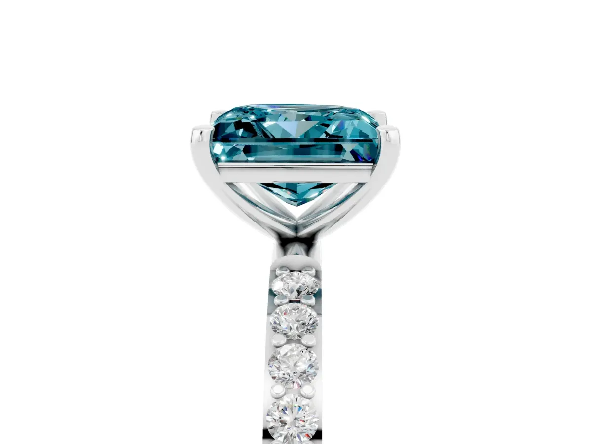Princess Cut Blue Topaz Solitaire Ring with Round Pavé Band and Prong Setting Silver