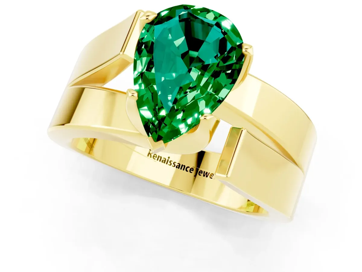 Modern Tension Set Pear Cut Emerald Solitaire Wide Band Ring Yellow gold