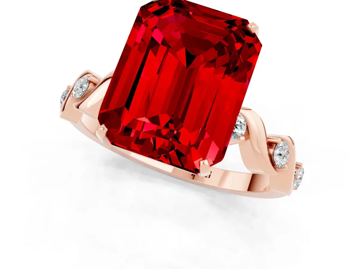 Emerald Cut Ruby Solitaire Twisted Band with Round Accents and Prong Setting Rose gold