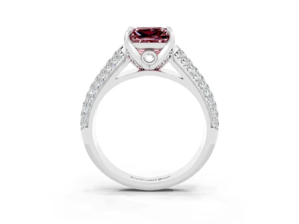 Princess Cut Morganite Solitaire Ring with Three-Row Pavé Band and Four-Prong Setting Platinum