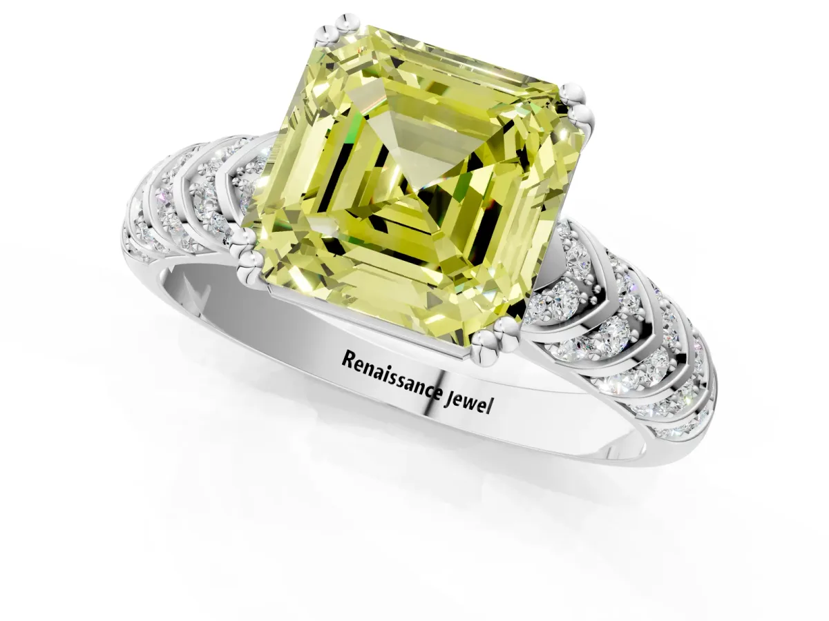 Fancy Yellow Asscher Cut Solitaire Chevron Pave Diamond Engagement Ring with Six-Prong Setting Platinum