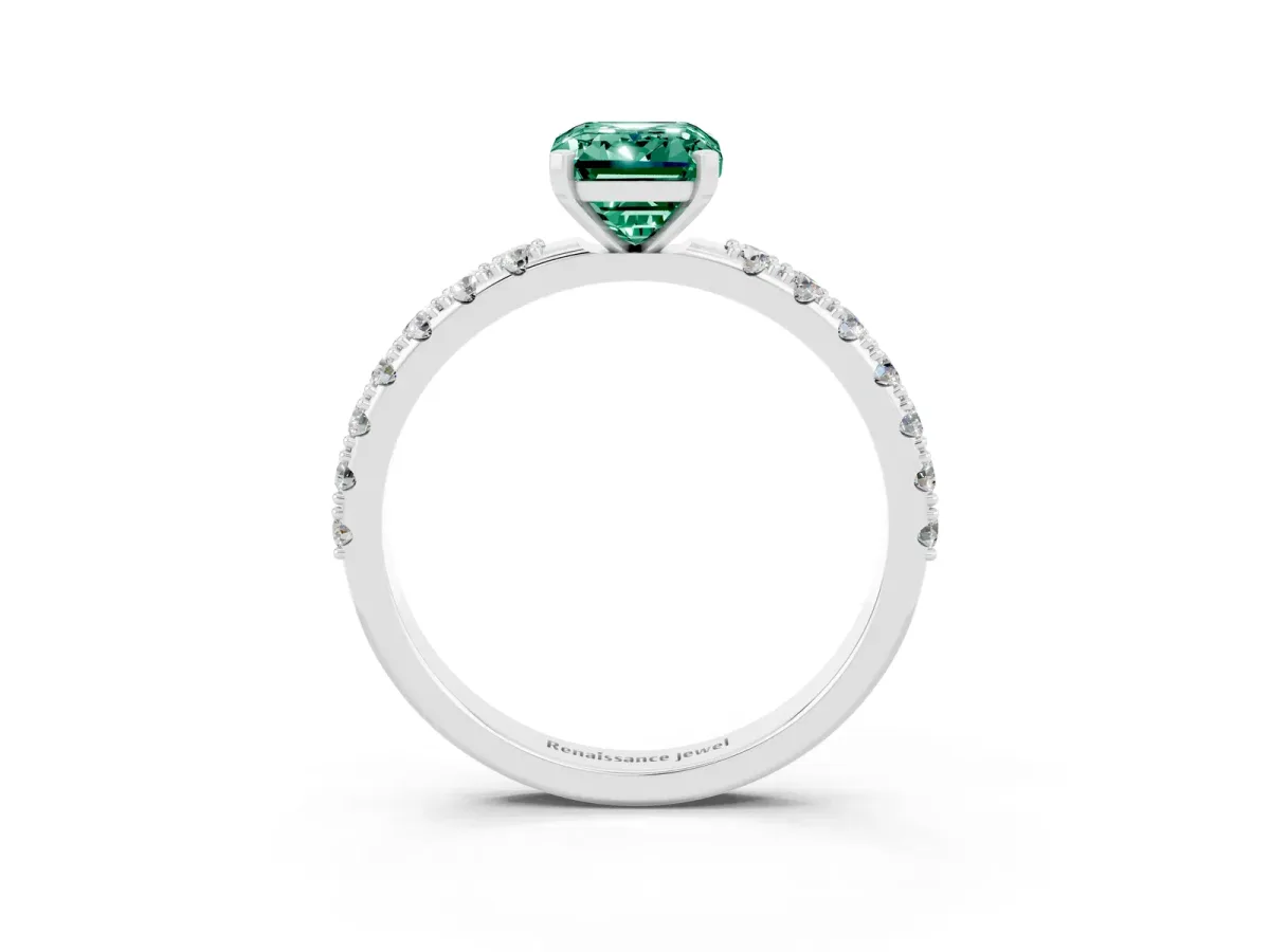 Emerald Cut Green Sapphire Solitaire Pavé Band with Four-Prong Setting Silver