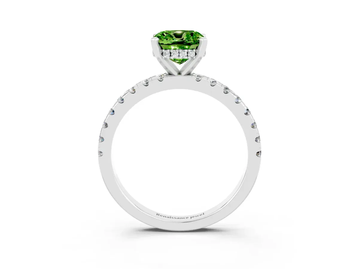 Cushion Cut Peridot Solitaire Ring with Round Pavé Band and Four-Prong Setting Silver