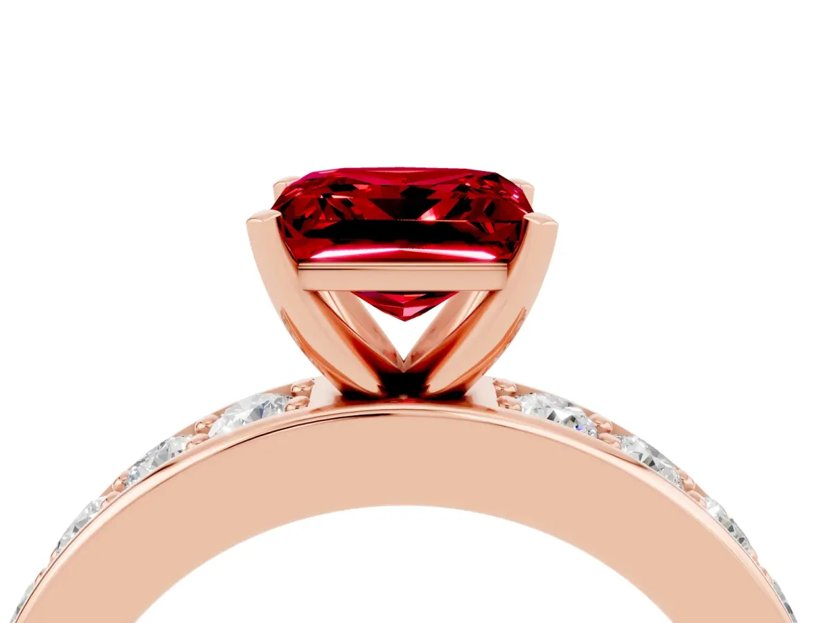 Princess Cut Ruby Engagement Ring with Channel Set Round Band and Prong Setting Rose gold