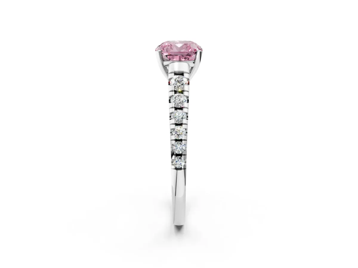 Fancy Pink Cushion Cut Diamond Cathedral Solitaire Ring with Round Pavé Band Silver