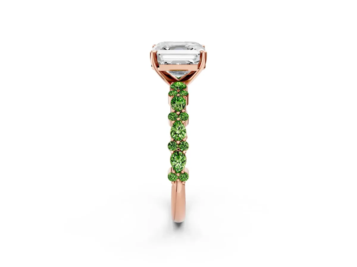Asscher Cut Diamond Side Stone Solitaire Ring with Round Peridot and Four-Prong Setting Rose gold