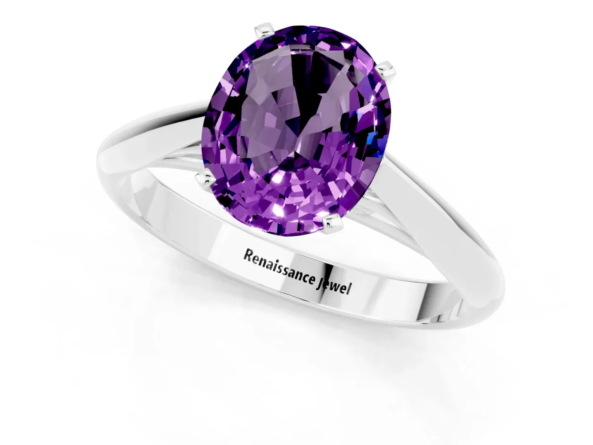 Oval Cut Amethyst Solitaire Engagement Ring with Cathedral Setting and Four-Prong Mount White gold