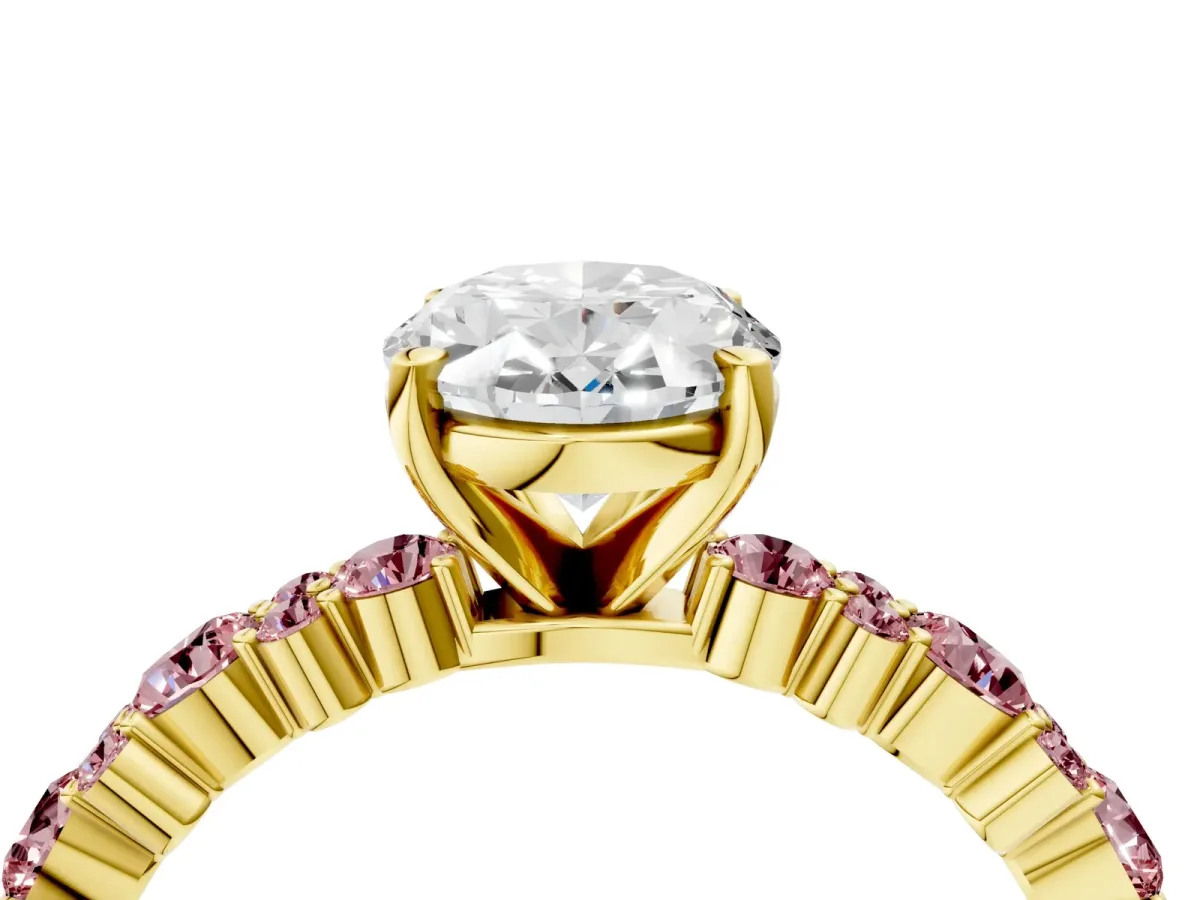 Oval Cut Diamond Side Stone Solitaire Ring with Round Morganite and Four-Prong Setting Yellow gold