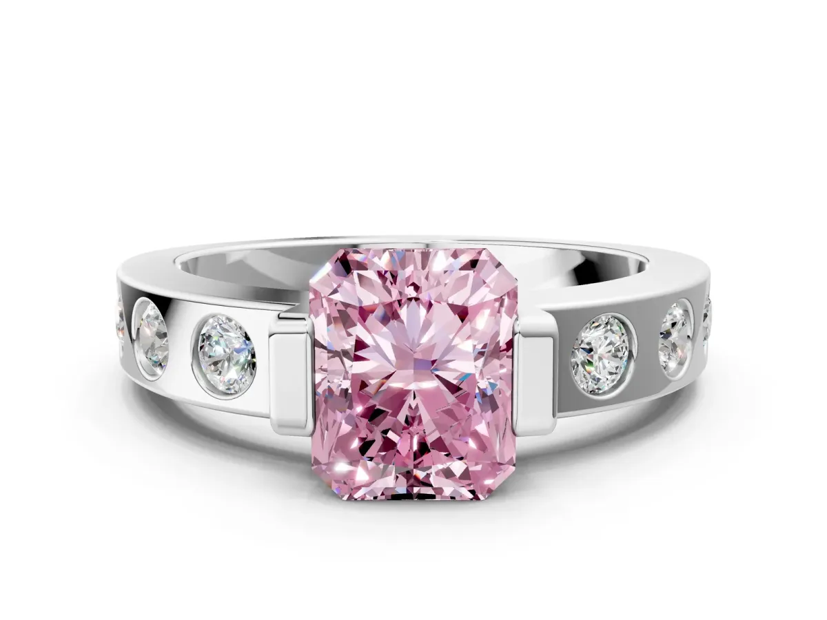 Fancy Pink Radiant Cut Brilliant Channel-Set Diamond Ring with Bezel Prong Setting Platinum