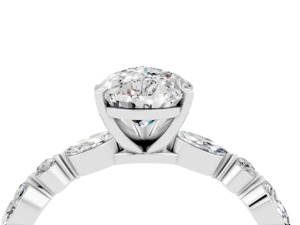 Pear Cut Moissanite Ring with Marquise and Round Side Stones and Four-Prong Setting Silver