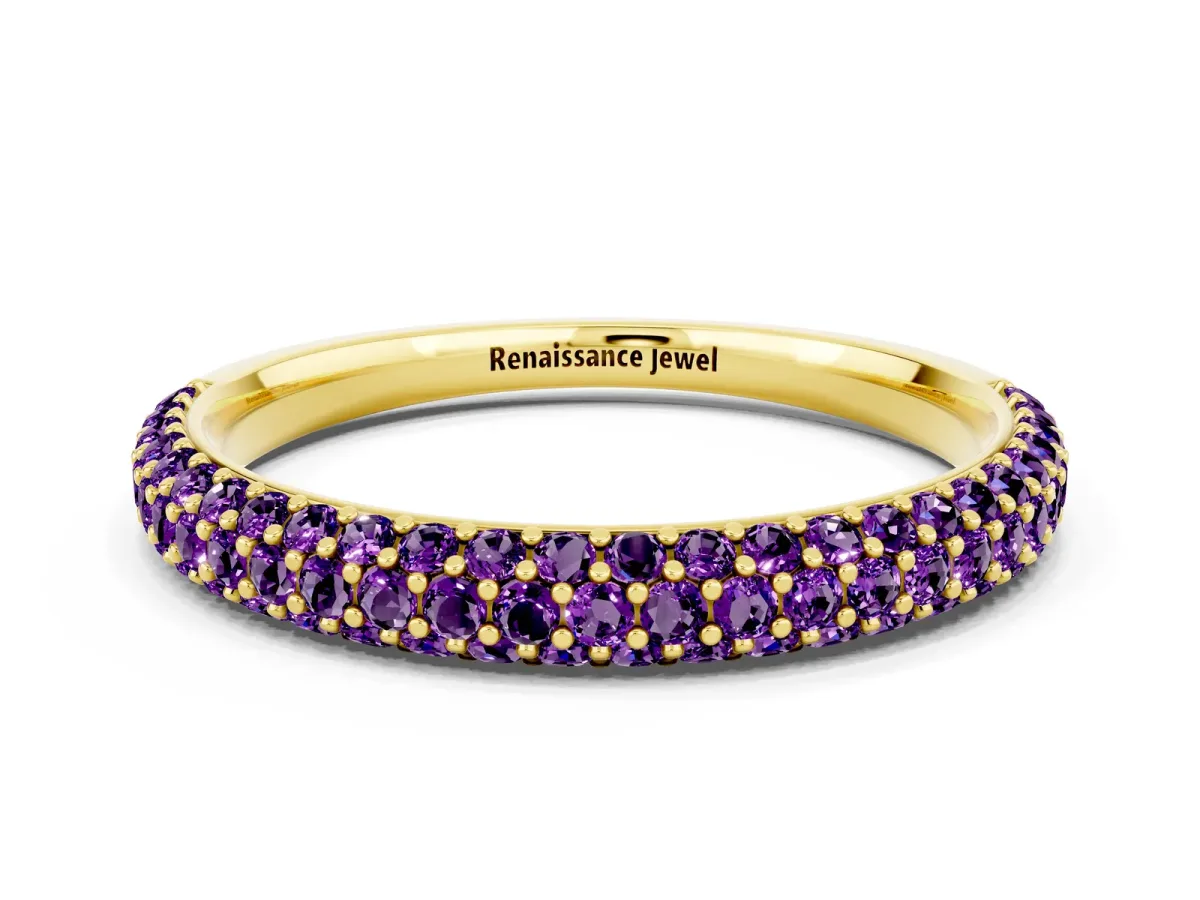 Round Amethyst Pavé Eternity Band with Shared Prong Setting Yellow gold
