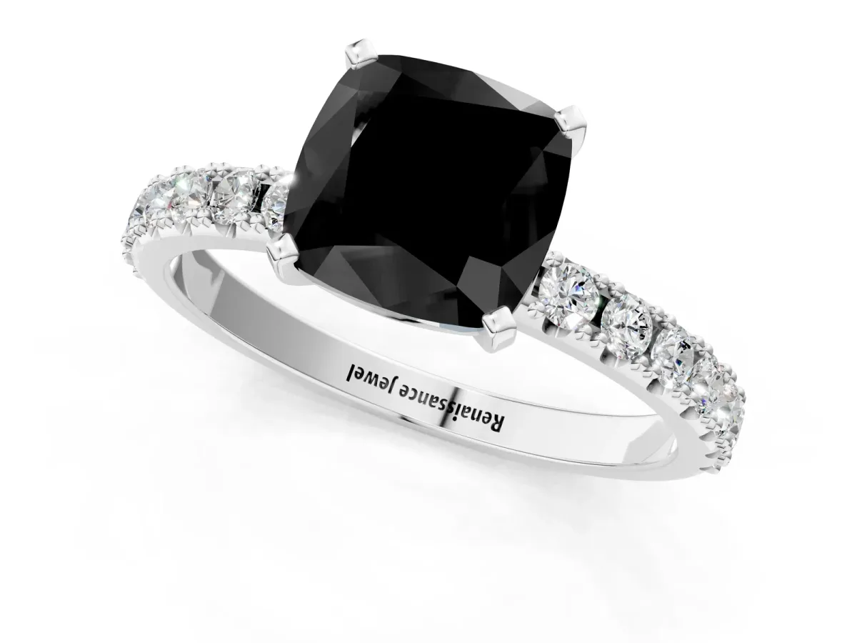 Fancy Black Cushion Cut Diamond Solitaire Pavé Band with Four-Prong Setting Silver
