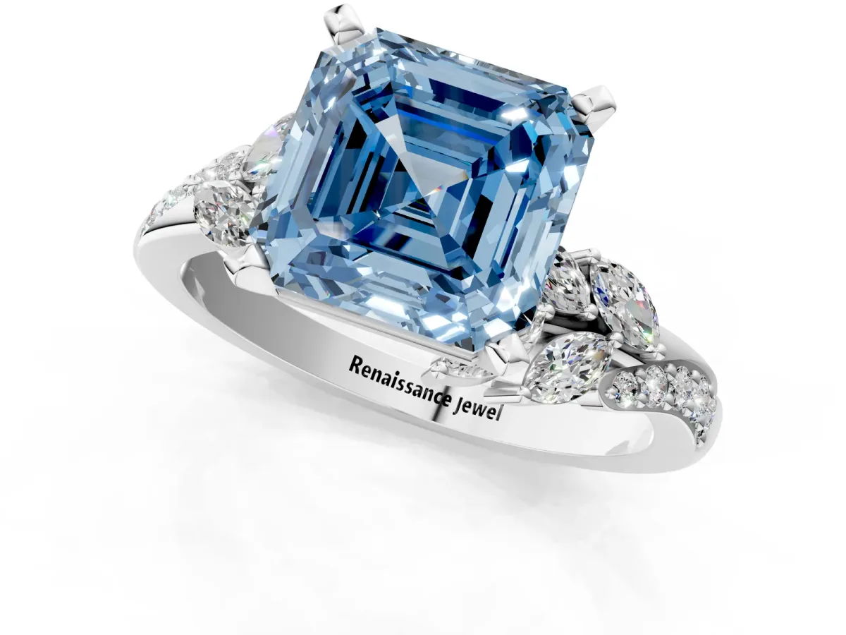 Fancy Blue Asscher Cut Solitaire Marquise Twist Band with Six-Prong Setting Platinum