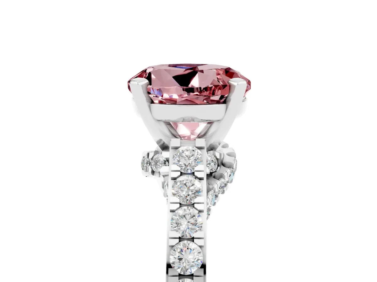 Round Cut Morganite Solitaire Ring with Crossover Gallery and Round Pavé Band Silver