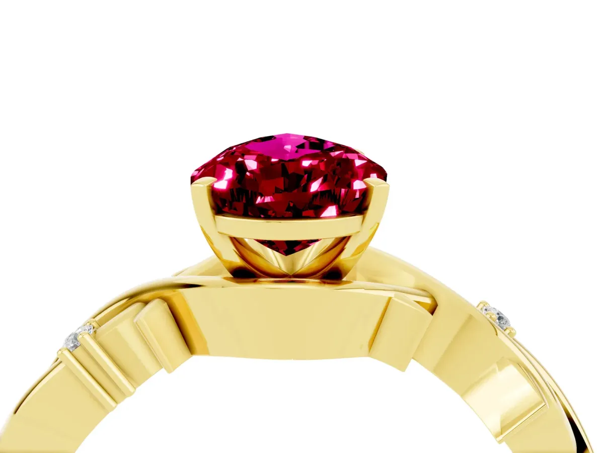 Pear Cut Garnet Solitaire Ring with Twisted Band and Prong Setting Yellow gold