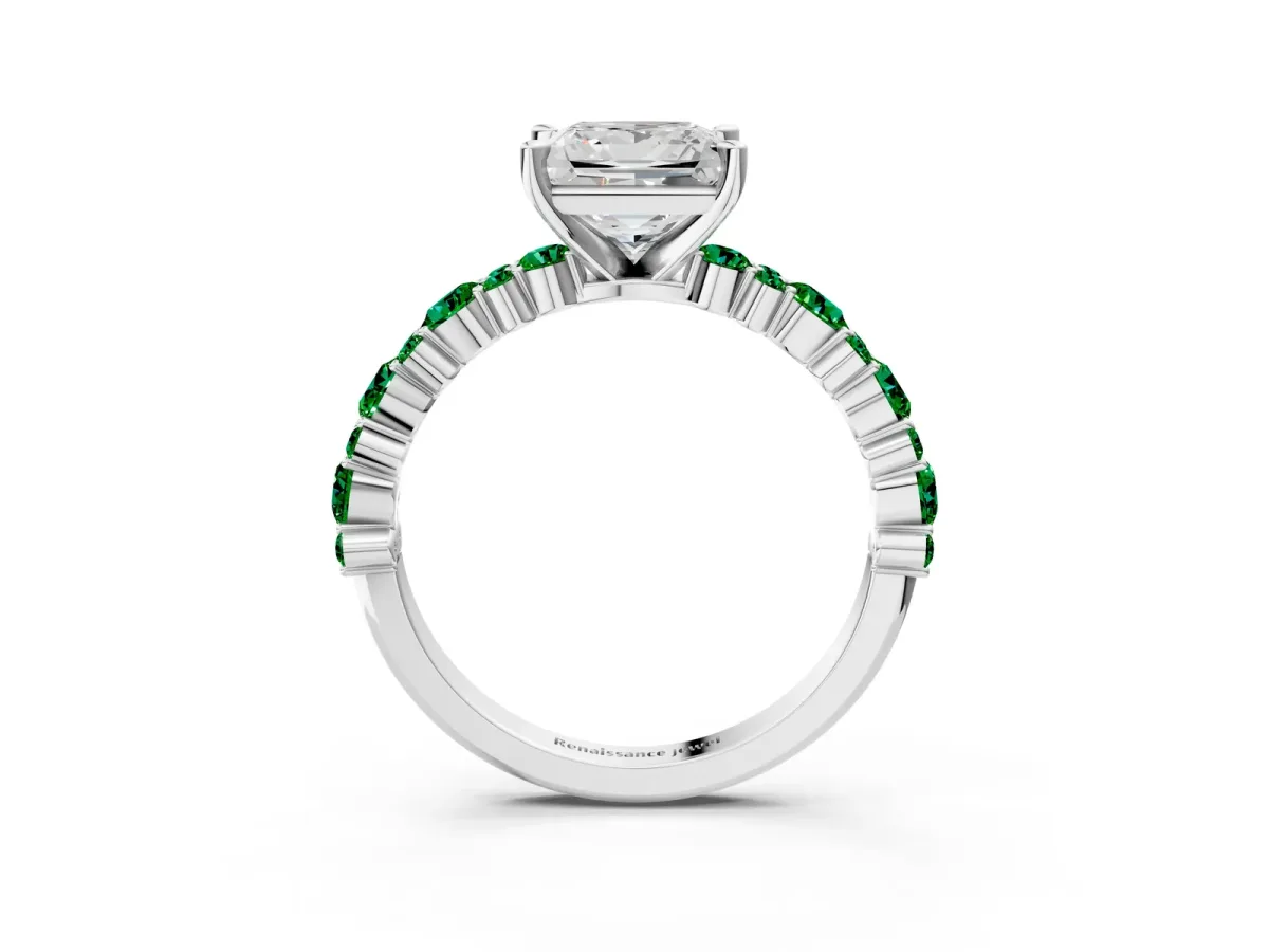 Princess Cut Diamond Side Stone Solitaire Ring with Round Emerald and Four-Prong Setting Platinum