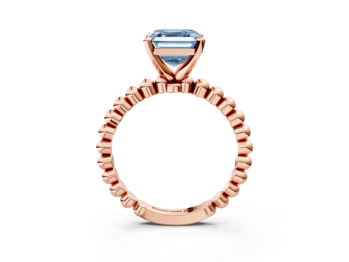 Fancy Blue Asscher Cut Diamond Solitaire Ring with Beaded Band and Prong Setting Rose gold