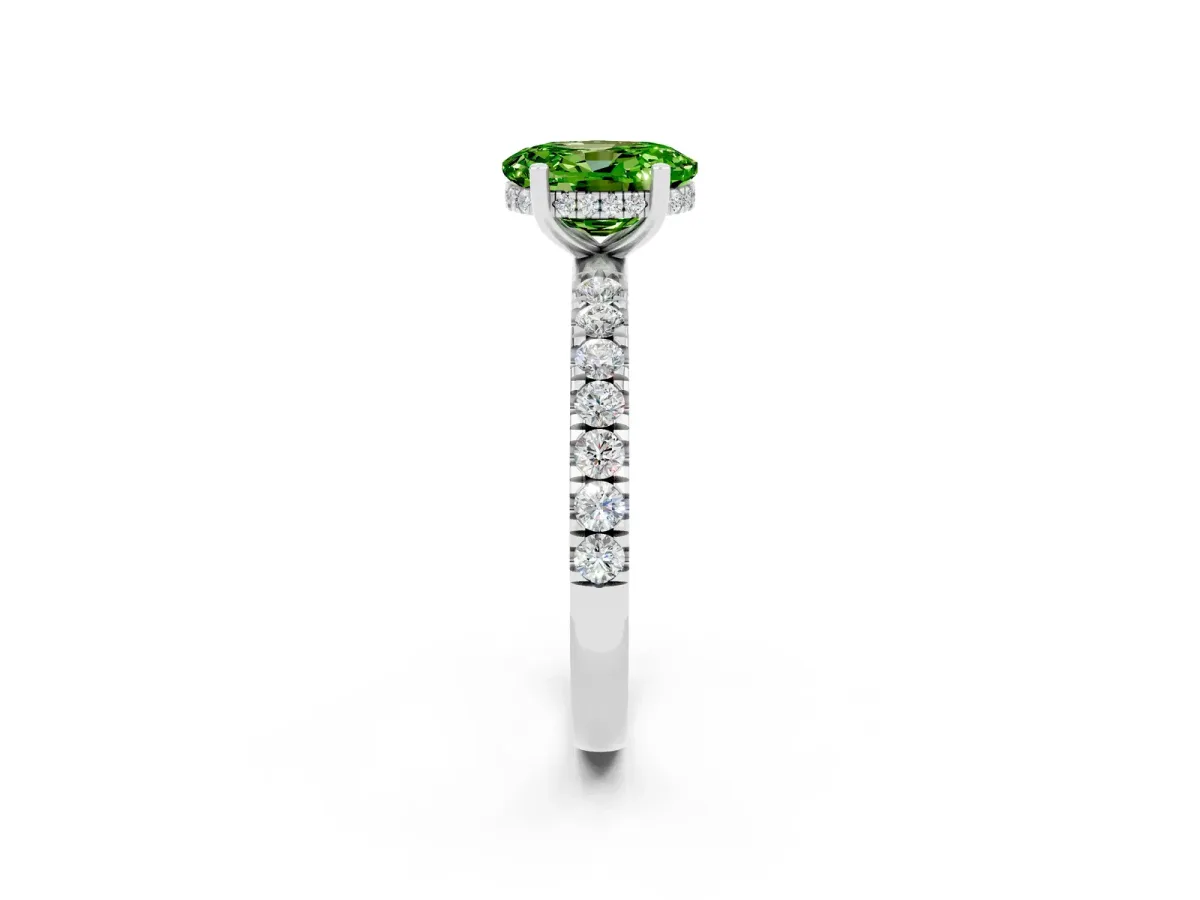 Oval Cut Peridot Pave Band Solitaire Ring with Round and Prong Setting Platinum