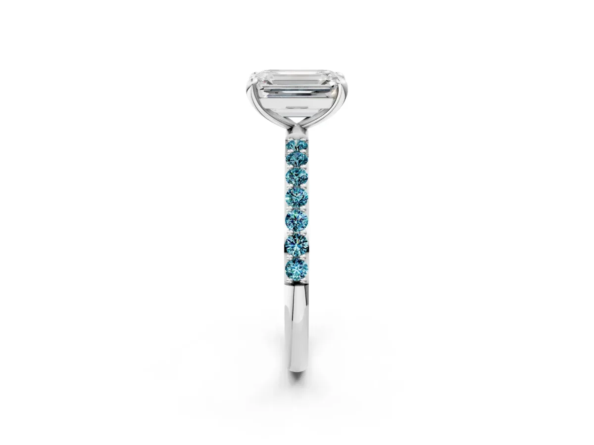 Emerald Cut Diamond Solitaire Ring with Round Blue Topaz Pavé Band and Prong Setting Silver