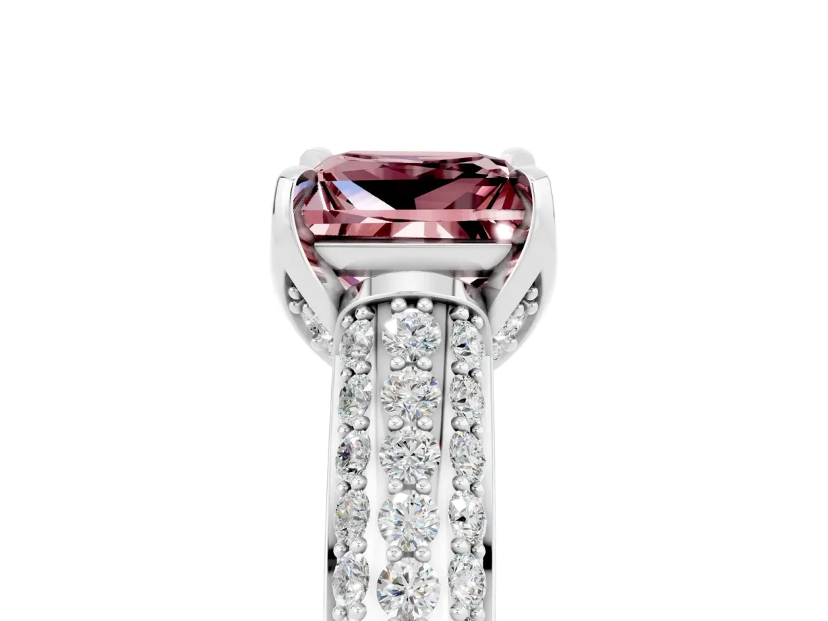 Princess Cut Morganite Solitaire Ring with Three-Row Pavé Band and Four-Prong Setting Platinum