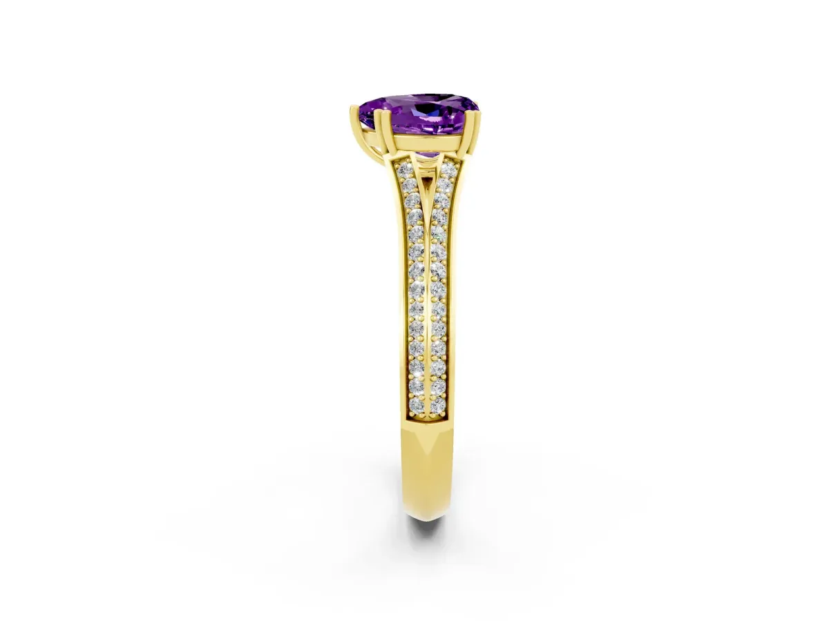 Heart Cut Amethyst Split Shank Engagement Ring with Pavé Band Yellow gold