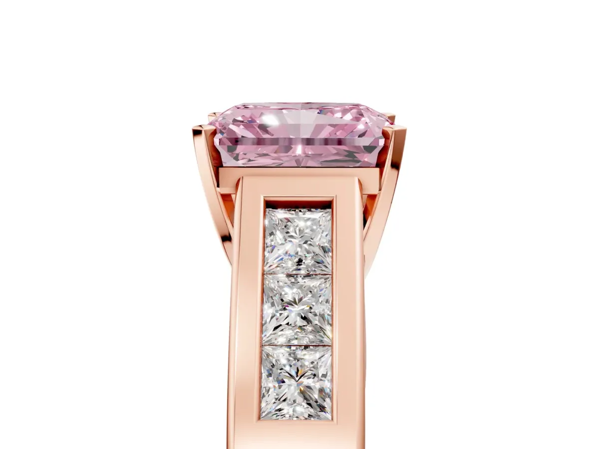 Fancy Pink Radiant Cut Cut Channel Set Solitaire Ring with Four-Prong Setting Rose gold