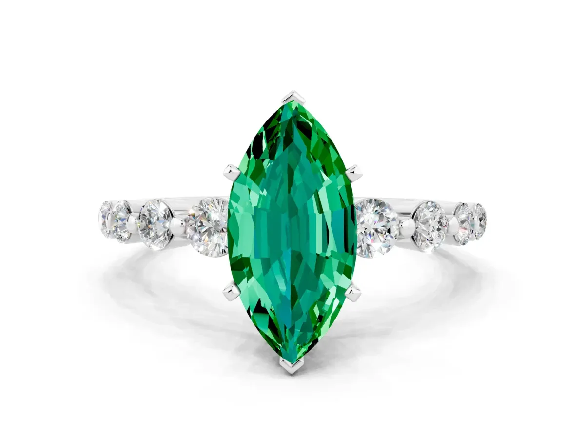 Marquise Cut Solitaire Emerald Ring with Pave Band and Four-Prong Setting Platinum