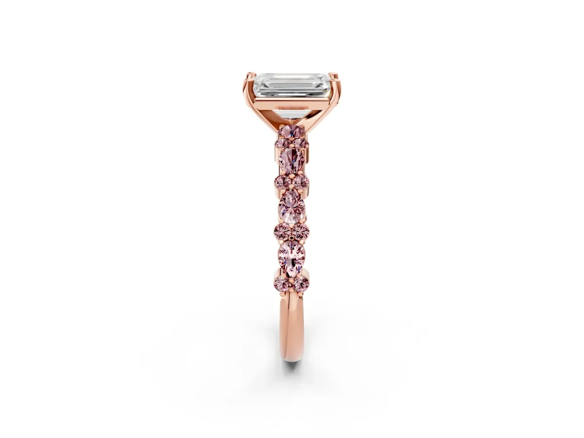 Emerald Cut Diamond Side Stone Solitaire Ring with Round Morganite and Four-Prong Setting Rose gold