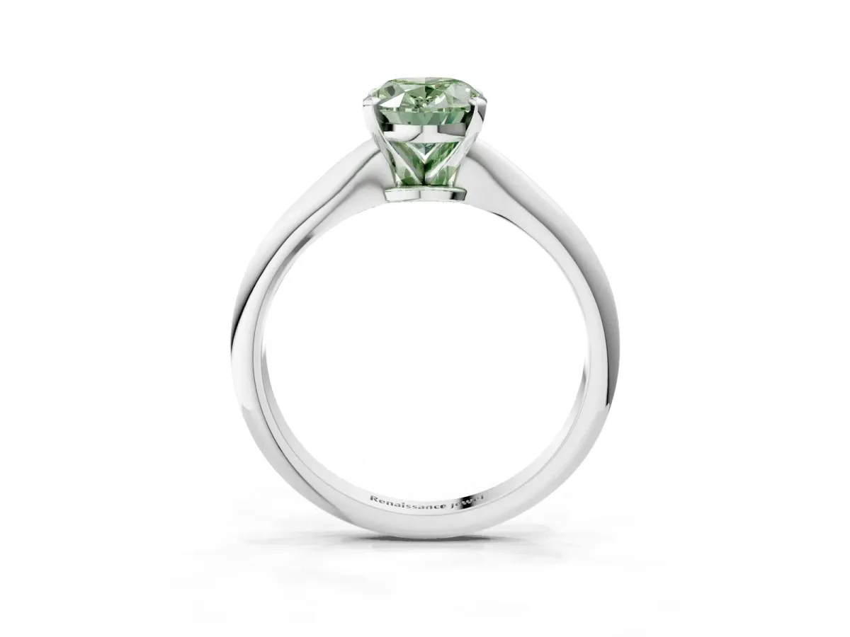 Fancy Green Oval Cut Diamond Solitaire Engagement Ring with Classic Band and Four-Prong Setting Silver