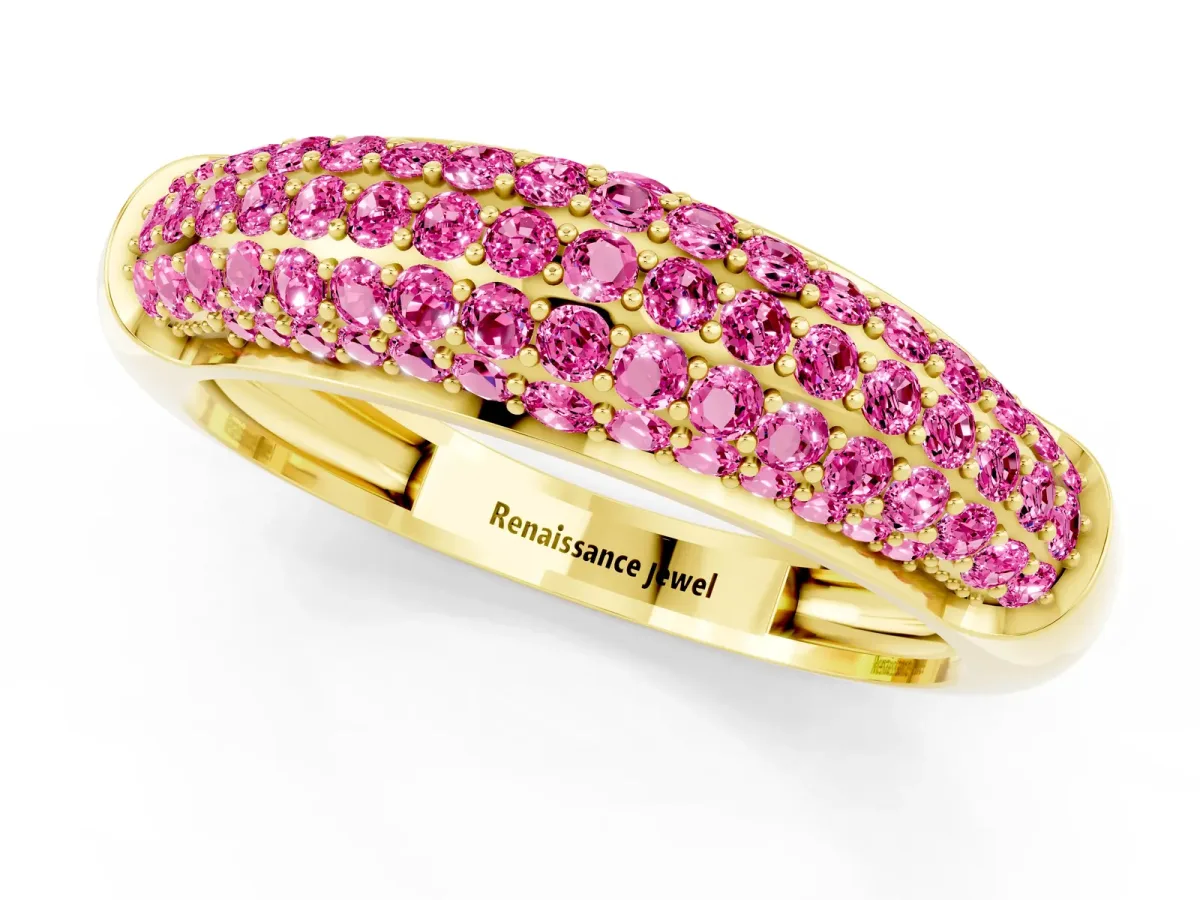 Three-Row Pavé Round Pink Sapphire Dome Band Yellow gold