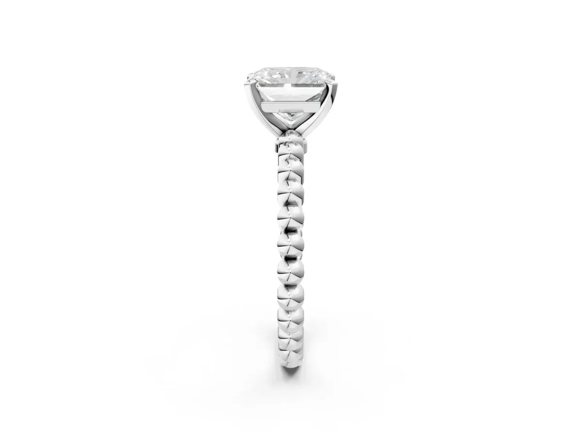 Radiant Cut Diamond Solitaire Ring with Beaded Band and Prong Setting White gold