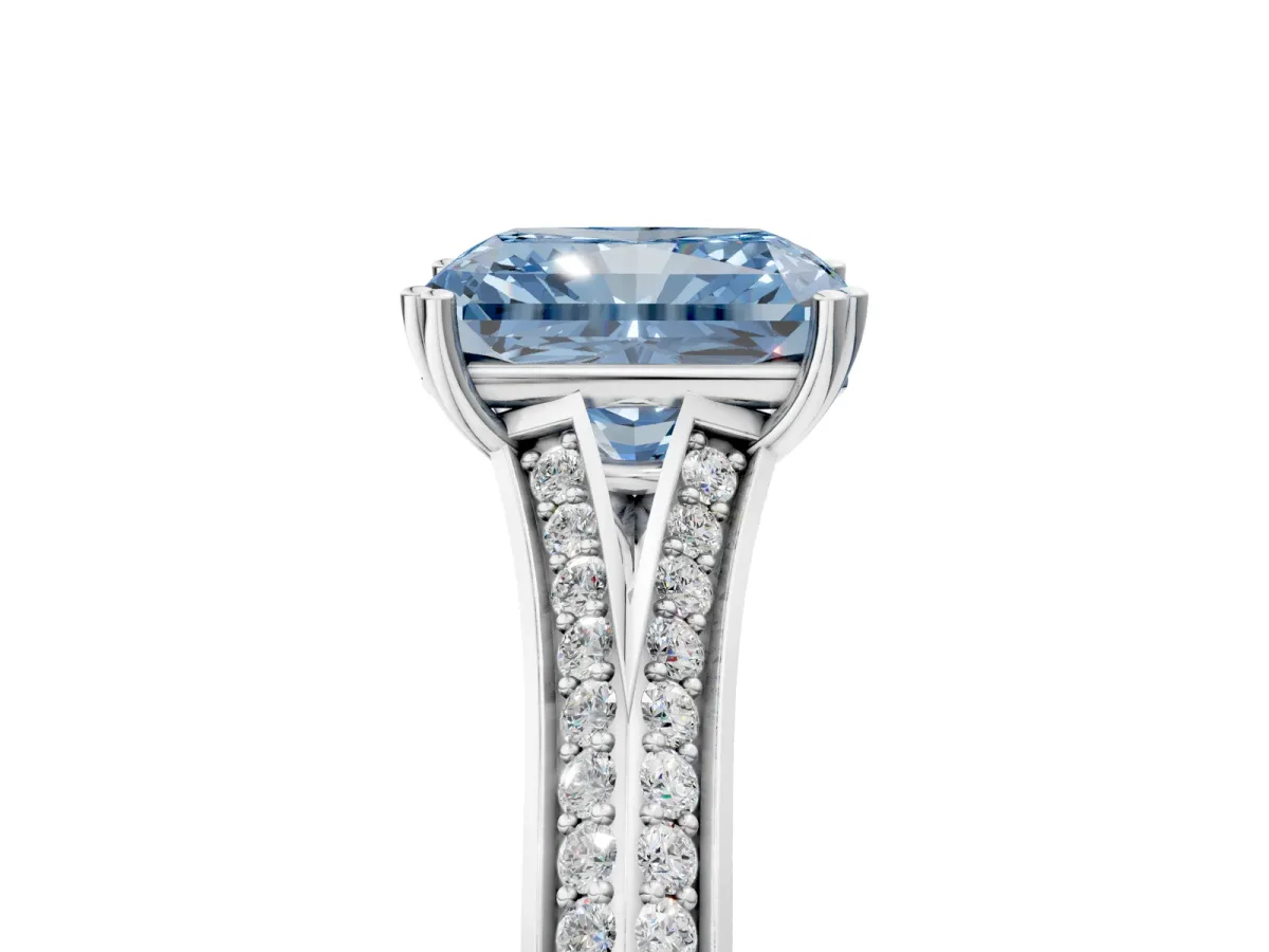 Fancy Blue Radiant Cut Diamond Split Shank Engagement Ring with Pavé Band Platinum