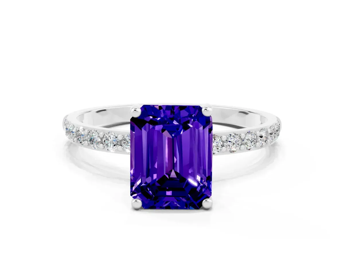 Emerald Cut Tanzanite Solitaire Ring with Round Pavé Band and Prong Setting Silver