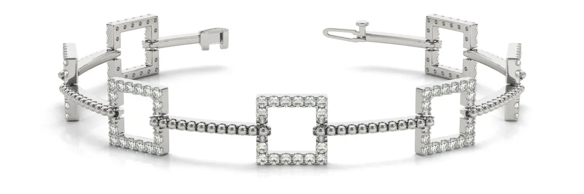 Square Diamond Pavé Link Bracelet with Beaded Band and Four-Prong Setting White gold