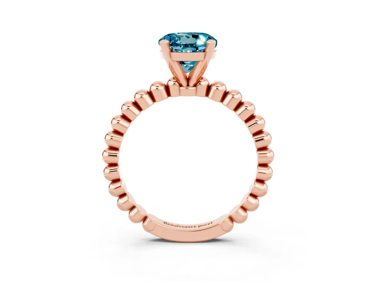 Round Cut Blue Topaz Solitaire Ring with Beaded Band and Prong Setting Rose gold