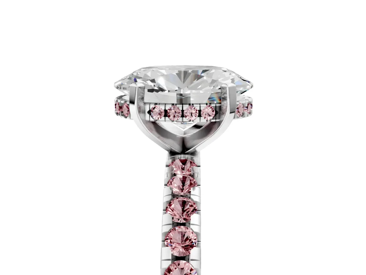 Oval Cut Diamond Solitaire Ring with Round Morganite Pavé Band and Four-Prong Setting Silver