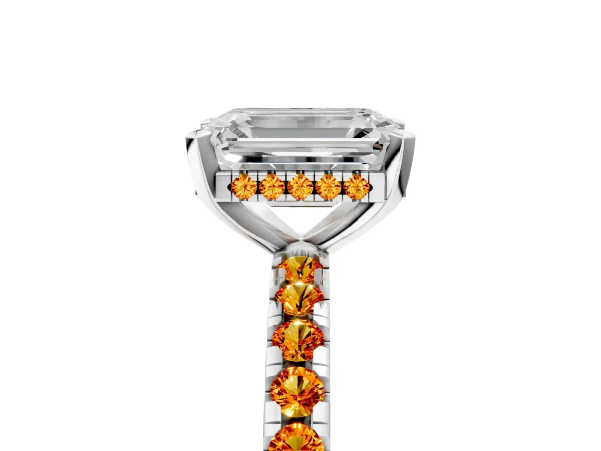 Emerald Cut Diamond Solitaire Ring with Round Citrine Pavé Band and Four-Prong Setting Silver
