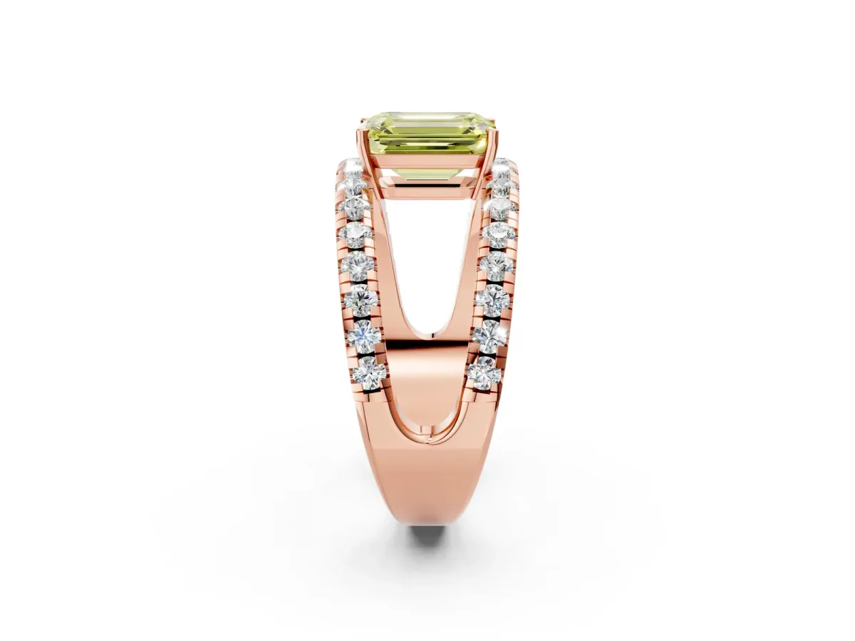 Fancy Yellow Emerald Cut Solitaire Split Shank Pave Diamond Ring Rose gold