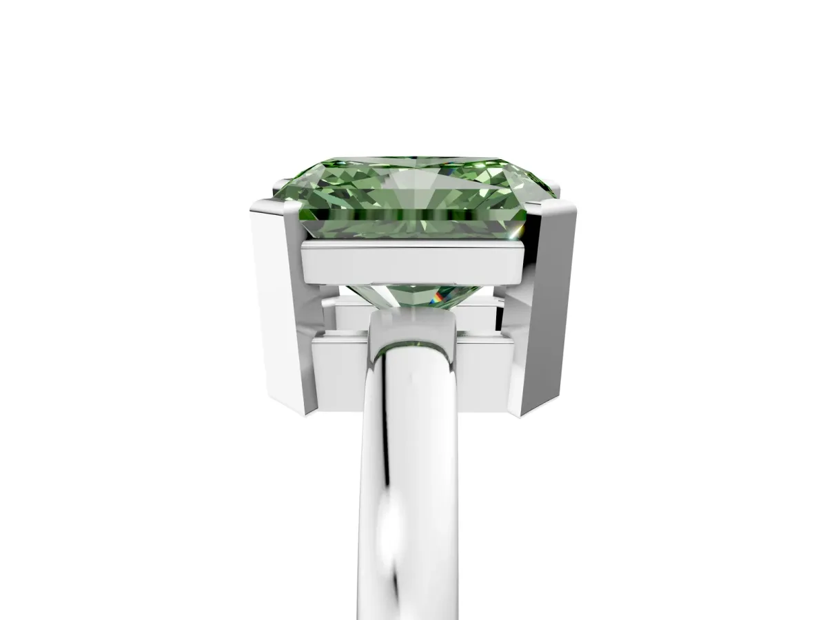 Fancy Green Radiant Cut Cut Solitaire Ring with Four-Prong Setting and Classic Band Platinum