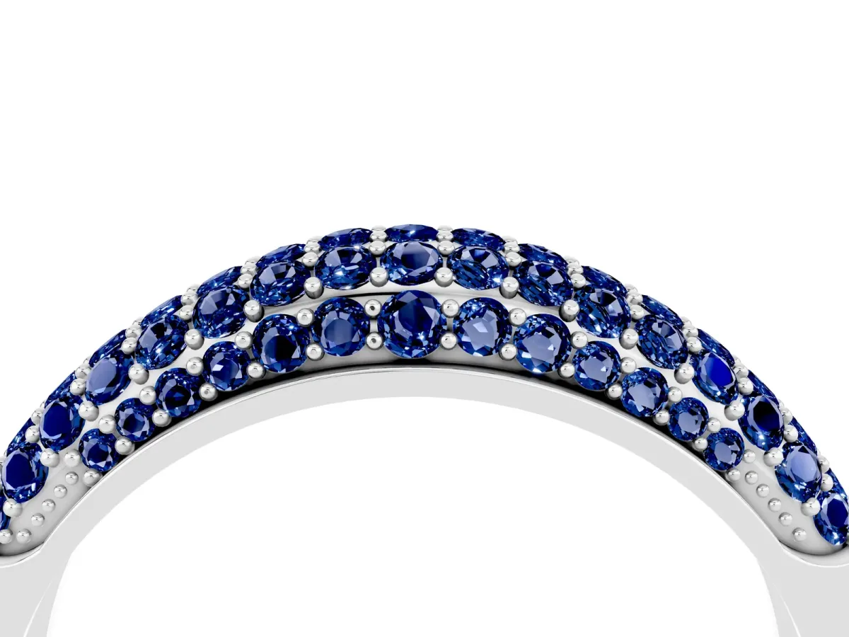 Three-Row Pavé Round Blue Sapphire Dome Band Silver