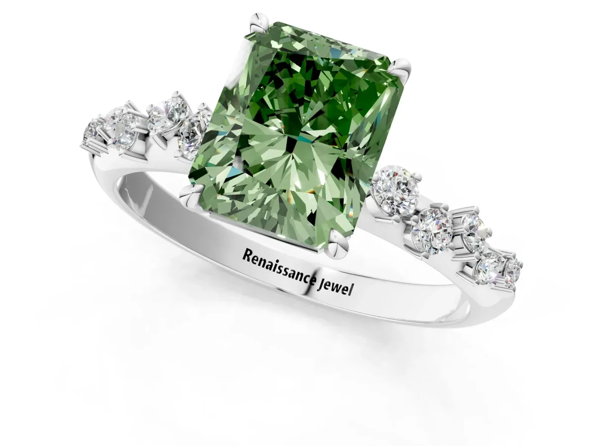 Fancy Green Radiant Cut Diamond Cluster Side Stone Solitaire Ring with Prong Setting Platinum