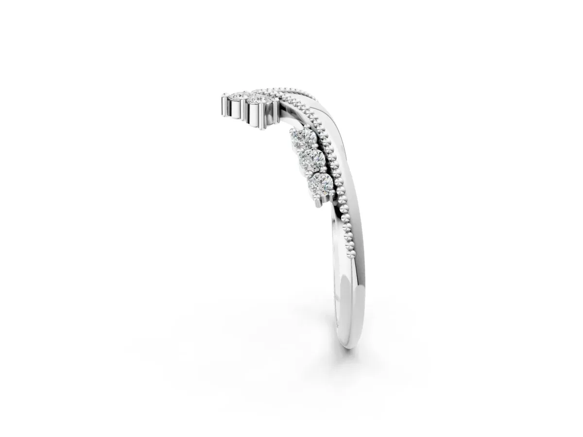 Diamond Chevron Milgrain Band with Round Cut Stones and Prong Setting Silver