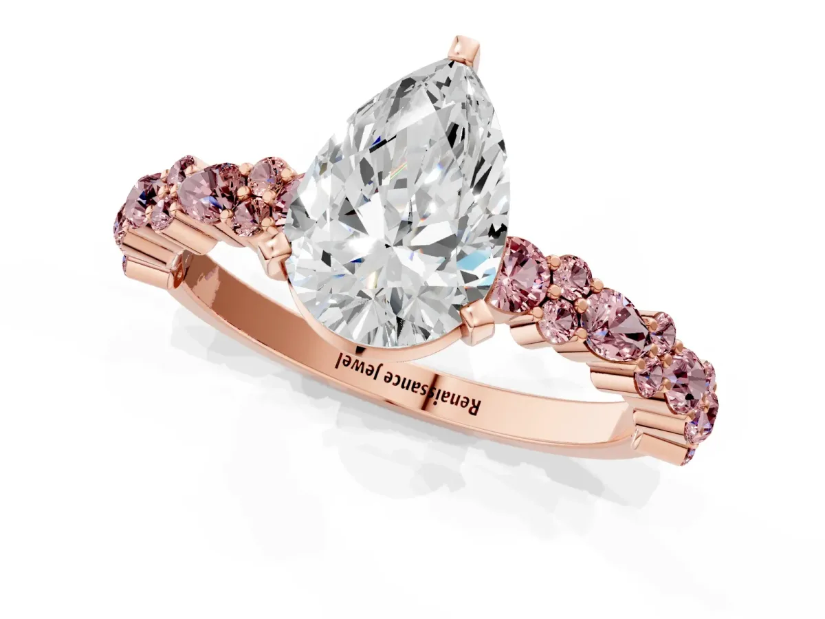 Pear Cut Diamond Side Stone Solitaire Ring with Round Morganite and Four-Prong Setting Rose gold