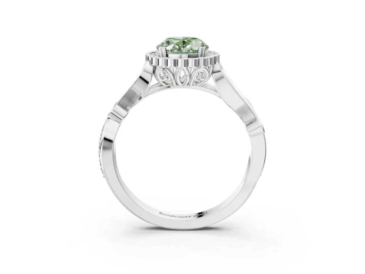 Fancy Green Oval Cut Diamond Halo Ring with Vintage Split Shank and Four-Prong Setting Silver