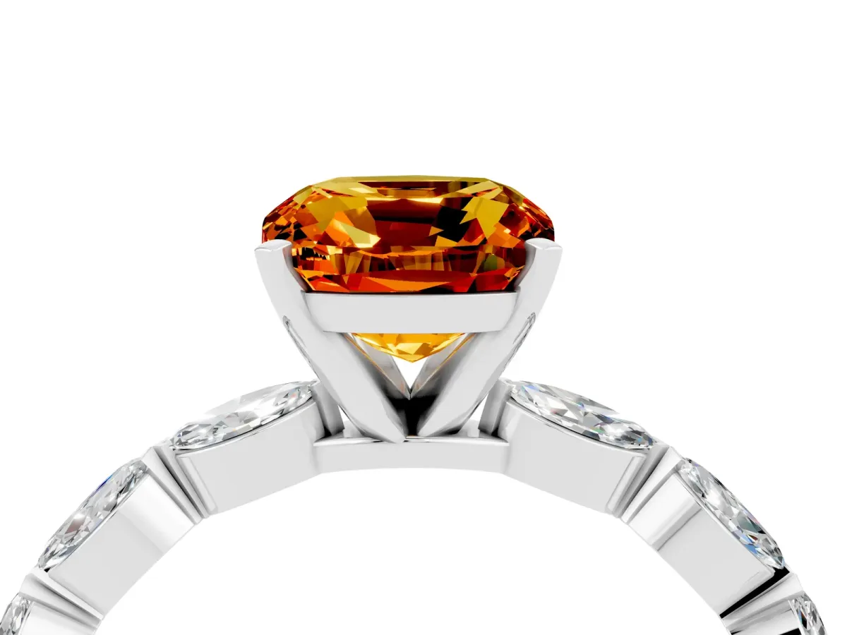 Cushion Cut Citrine Ring with Marquise Side Stones and Prong Setting Platinum